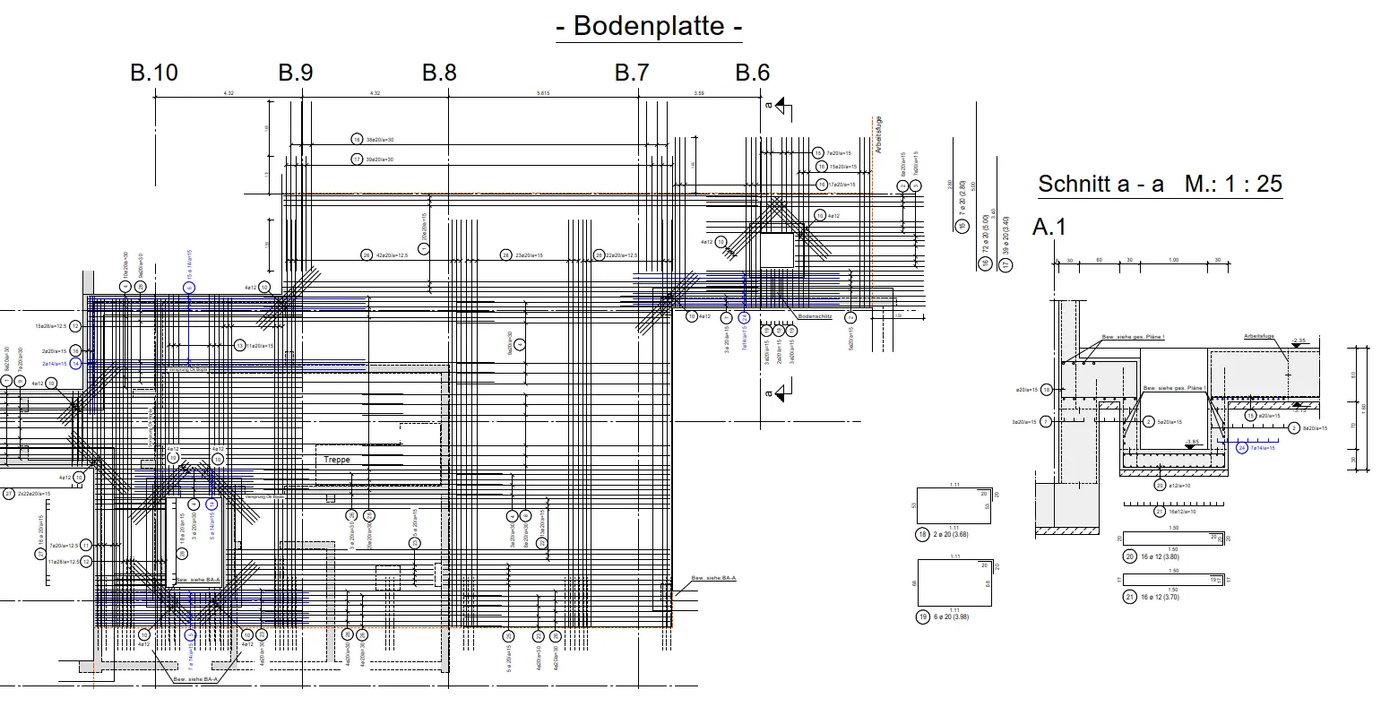 Bodenplatte — Bewehrungsplan mit Schnitt