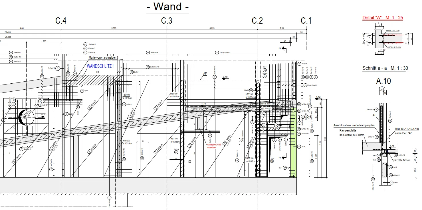 Wand — Bewehrung mit Anschlussdetail